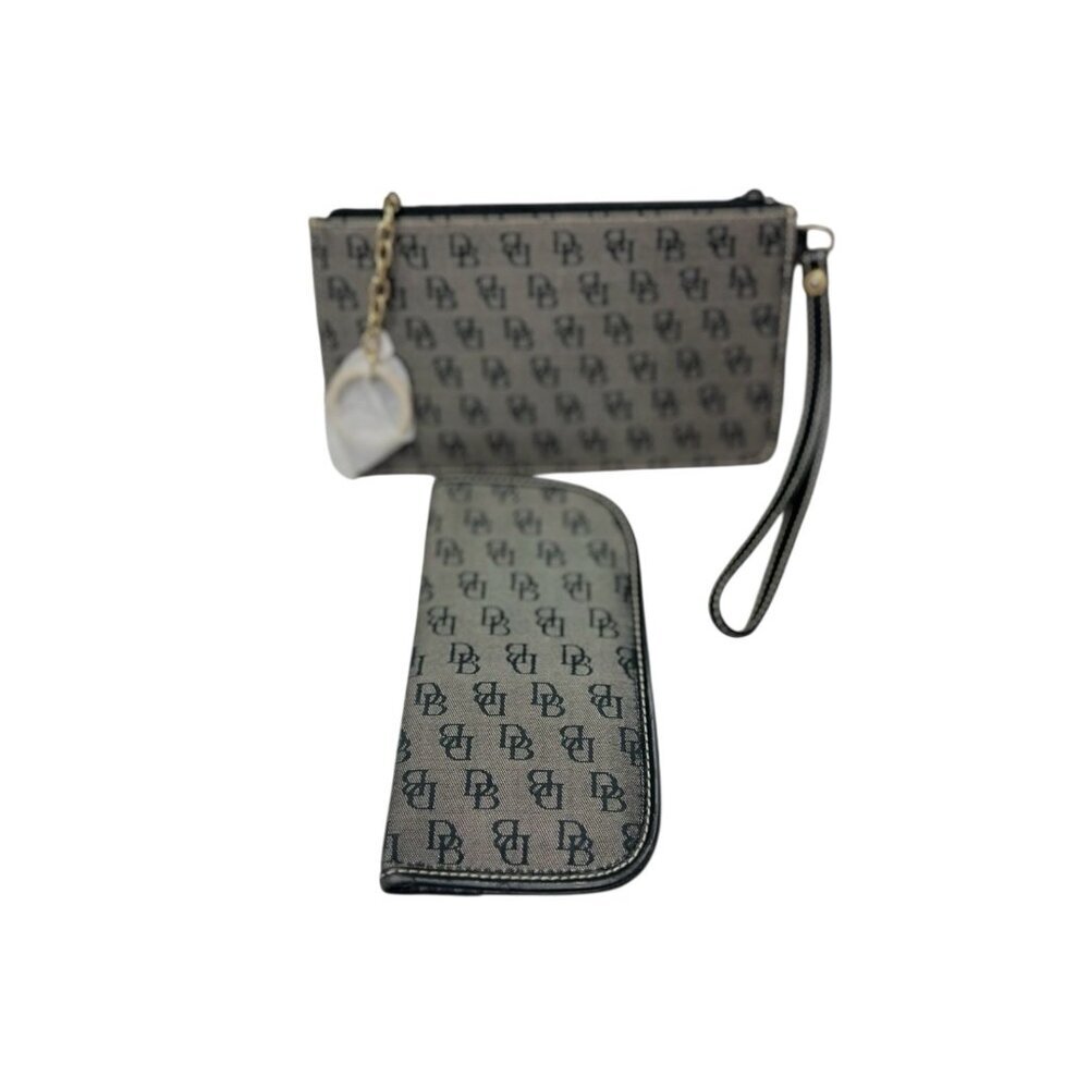 Dooney & Bourke Vintage Wristlet & Eyeglasses Case Black Logo Leather Trim